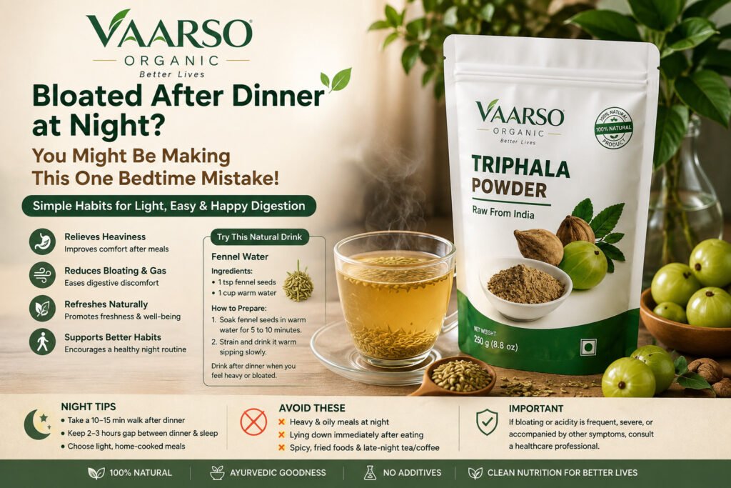 Stomach bloating after dinner with fennel water and natural digestive wellness ingredients