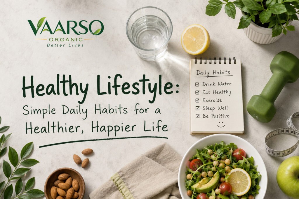 Healthy lifestyle with morning water, healthy food, exercise and daily wellness habits