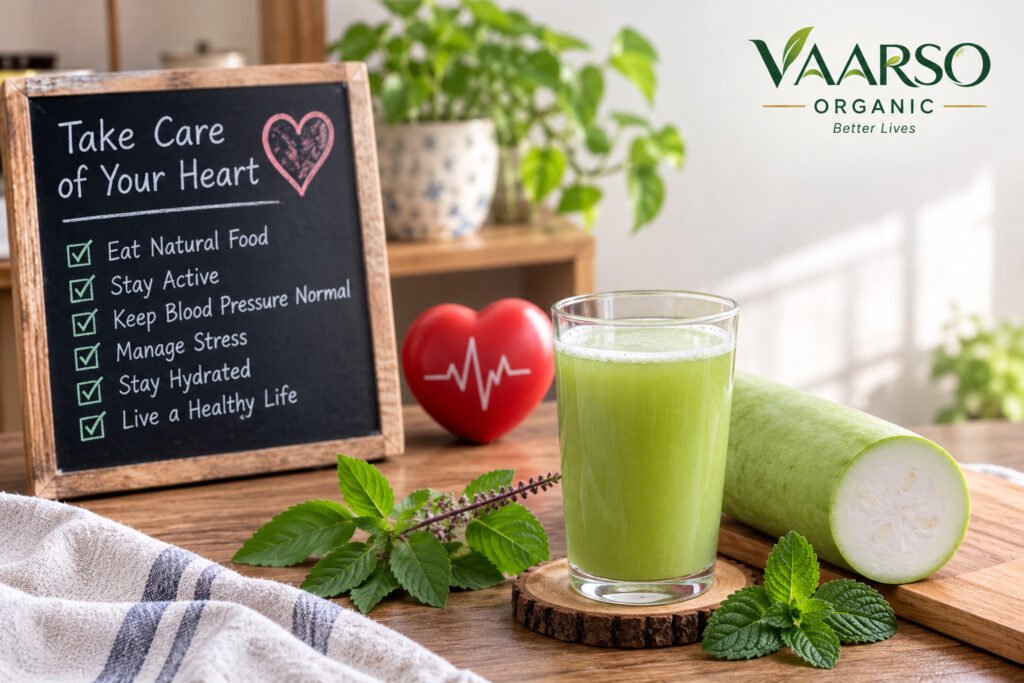 Heart health tips with bottle gourd juice, fresh vegetables and healthy lifestyle reminders