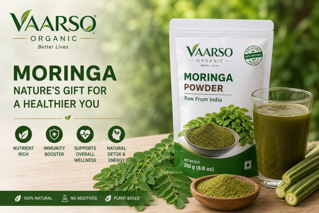 Vaarso Organic Moringa Powder with fresh moringa leaves and green drink