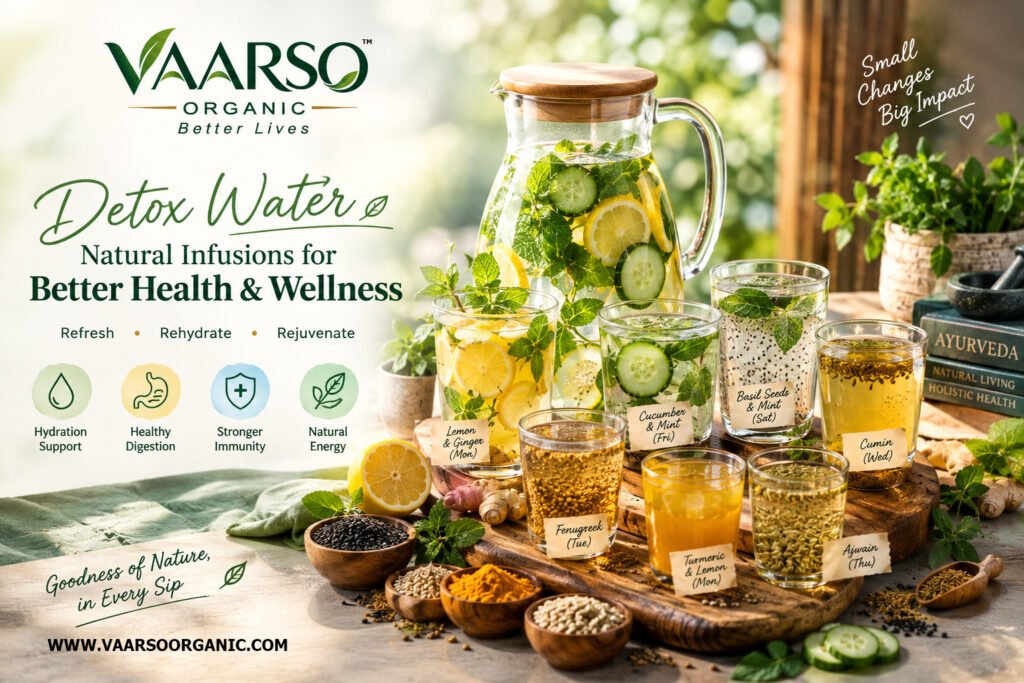 Detox water benefits with lemon, cucumber, ginger, herbs and traditional ingredients