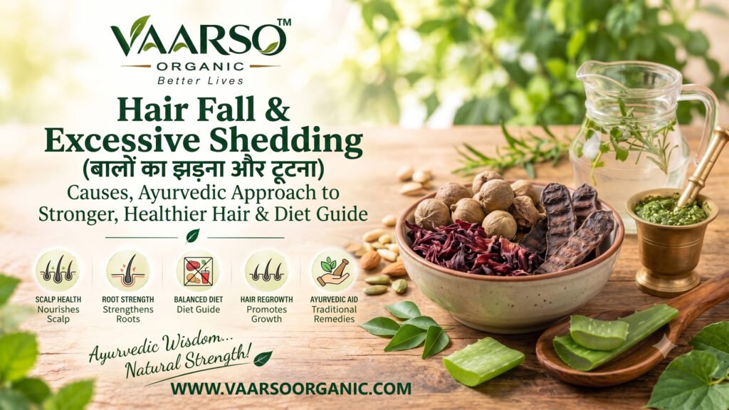 Ayurvedic hair fall care with Bhringraj, Amla, Brahmi, herbal powder and healthy hair