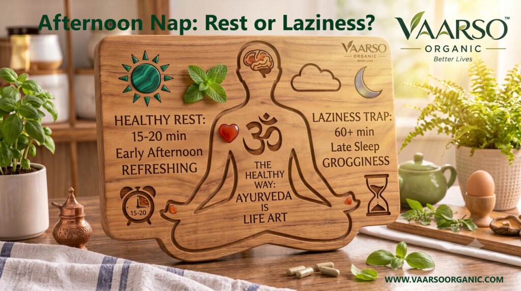 Afternoon nap with a relaxed person resting after lunch, representing healthy sleep, Ayurveda and balanced lifestyle