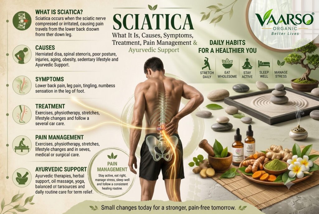 Sciatica pain from lower back to leg with Ayurvedic wellness and stretching