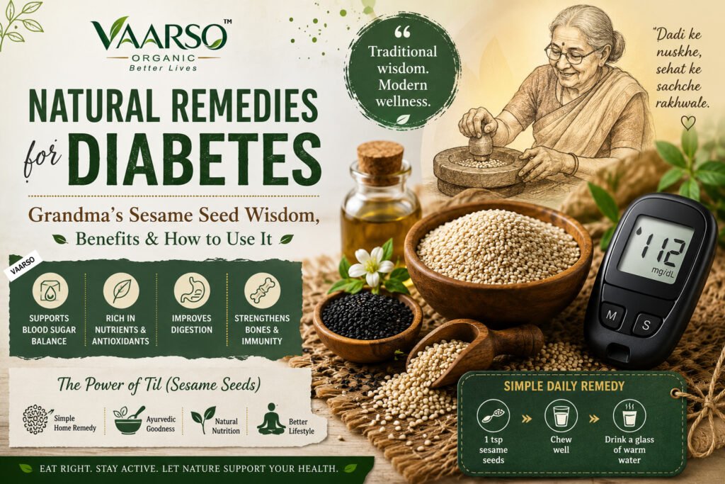 Natural remedies for diabetes featuring sesame seeds and healthy foods