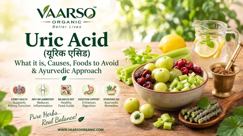 What is uric acid with healthy foods, water, kidney health and Ayurvedic wellness ingredients