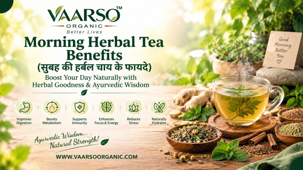 Morning herbal tea with ginger, tulsi, fennel, cumin, cinnamon and healthy ingredients