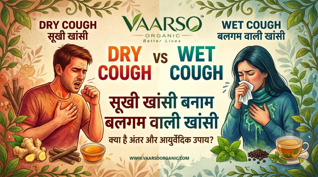 Comparison of dry cough and wet cough symptoms with a person experiencing throat irritation and another coughing up mucus.