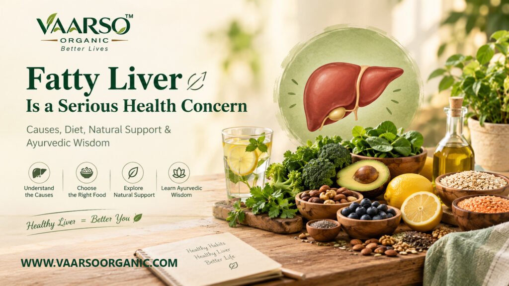 Healthy foods including leafy greens, whole fruits, nuts and seeds representing a balanced diet for fatty liver support.