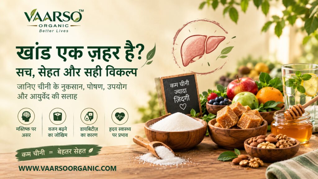 White sugar, jaggery, honey, fresh fruit and whole foods illustrating the difference between added sugar and naturally occurring sugars.