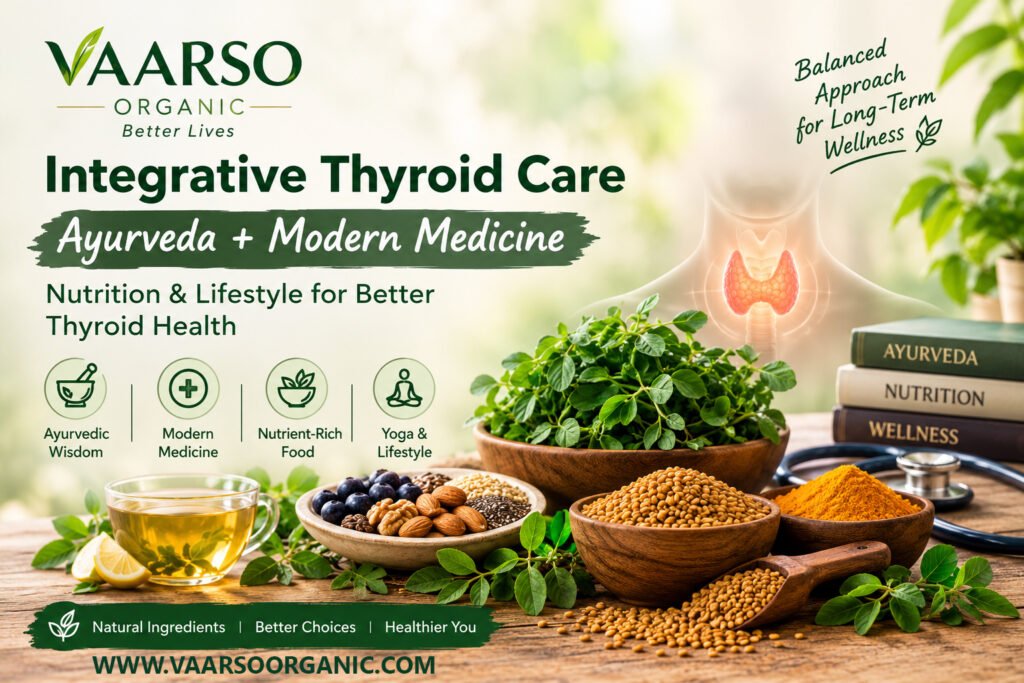 Ayurvedic and modern approach to thyroid health with healthy foods, herbs, yoga and medical care