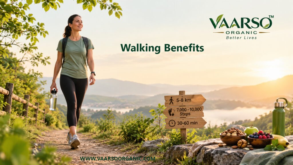 Person walking outdoors for daily exercise with walking distance, healthy food and natural wellness elements
